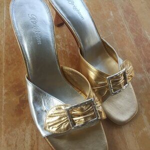 Brighton Patti Silver/Gold Metallic Crystal Leather Slides Shoes Kitten Heel 8M